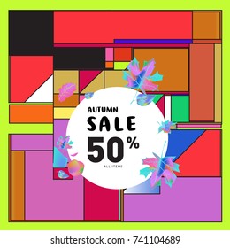 Autumn sale memphis style web banner. Fashion and travel discount poster. Vector holiday Abstract colorful illustration with special offer and promotion.