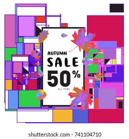 Autumn sale memphis style web banner. Fashion and travel discount poster. Vector holiday Abstract colorful illustration with special offer and promotion.