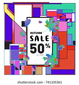 Autumn sale memphis style web banner. Fashion and travel discount poster. Vector holiday Abstract colorful illustration with special offer and promotion.