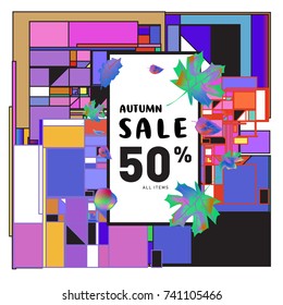 Autumn sale memphis style web banner. Fashion and travel discount poster. Vector holiday Abstract colorful illustration with special offer and promotion.