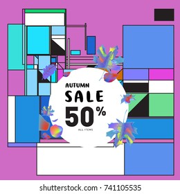 Autumn sale memphis style web banner. Fashion and travel discount poster. Vector holiday Abstract colorful illustration with special offer and promotion.