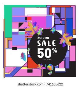 Autumn sale memphis style web banner. Fashion and travel discount poster. Vector holiday Abstract colorful illustration with special offer and promotion.