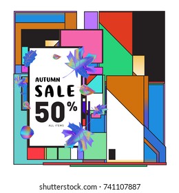 Autumn sale memphis style web banner. Fashion and travel discount poster. Vector holiday Abstract colorful illustration with special offer and promotion.