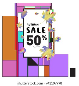 Autumn sale memphis style web banner. Fashion and travel discount poster. Vector holiday Abstract colorful illustration with special offer and promotion.