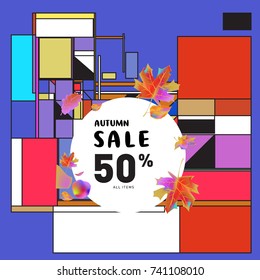 Autumn sale memphis style web banner. Fashion and travel discount poster. Vector holiday Abstract colorful illustration with special offer and promotion.