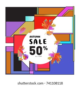 Autumn sale memphis style web banner. Fashion and travel discount poster. Vector holiday Abstract colorful illustration with special offer and promotion.