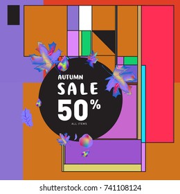 Autumn sale memphis style web banner. Fashion and travel discount poster. Vector holiday Abstract colorful illustration with special offer and promotion.