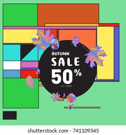 Autumn sale memphis style web banner. Fashion and travel discount poster. Vector holiday Abstract colorful illustration with special offer and promotion.