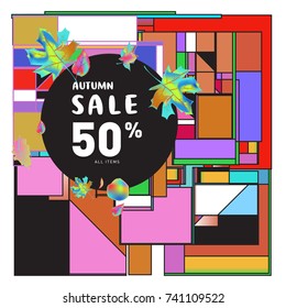 Autumn sale memphis style web banner. Fashion and travel discount poster. Vector holiday Abstract colorful illustration with special offer and promotion.