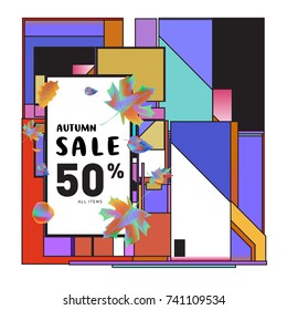 Autumn sale memphis style web banner. Fashion and travel discount poster. Vector holiday Abstract colorful illustration with special offer and promotion.