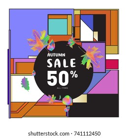 Autumn sale memphis style web banner. Fashion and travel discount poster. Vector holiday Abstract colorful illustration with special offer and promotion.