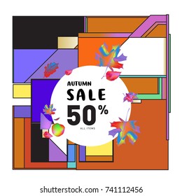 Autumn sale memphis style web banner. Fashion and travel discount poster. Vector holiday Abstract colorful illustration with special offer and promotion.