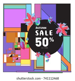 Autumn sale memphis style web banner. Fashion and travel discount poster. Vector holiday Abstract colorful illustration with special offer and promotion.
