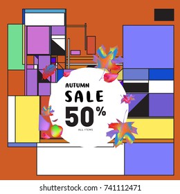 Autumn sale memphis style web banner. Fashion and travel discount poster. Vector holiday Abstract colorful illustration with special offer and promotion.