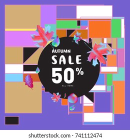 Autumn sale memphis style web banner. Fashion and travel discount poster. Vector holiday Abstract colorful illustration with special offer and promotion.