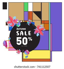 Autumn sale memphis style web banner. Fashion and travel discount poster. Vector holiday Abstract colorful illustration with special offer and promotion.