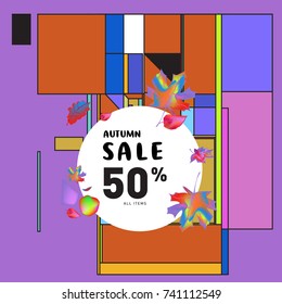 Autumn sale memphis style web banner. Fashion and travel discount poster. Vector holiday Abstract colorful illustration with special offer and promotion.