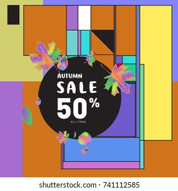 Autumn sale memphis style web banner. Fashion and travel discount poster. Vector holiday Abstract colorful illustration with special offer and promotion.