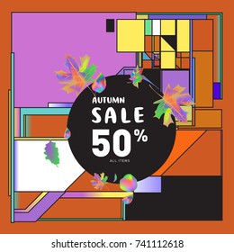 Autumn sale memphis style web banner. Fashion and travel discount poster. Vector holiday Abstract colorful illustration with special offer and promotion.