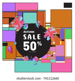 Autumn sale memphis style web banner. Fashion and travel discount poster. Vector holiday Abstract colorful illustration with special offer and promotion.