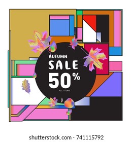 Autumn sale memphis style web banner. Fashion and travel discount poster. Vector holiday Abstract colorful illustration with special offer and promotion.