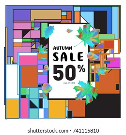 Autumn sale memphis style web banner. Fashion and travel discount poster. Vector holiday Abstract colorful illustration with special offer and promotion.