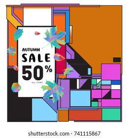 Autumn sale memphis style web banner. Fashion and travel discount poster. Vector holiday Abstract colorful illustration with special offer and promotion.