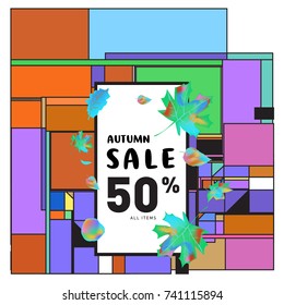 Autumn sale memphis style web banner. Fashion and travel discount poster. Vector holiday Abstract colorful illustration with special offer and promotion.