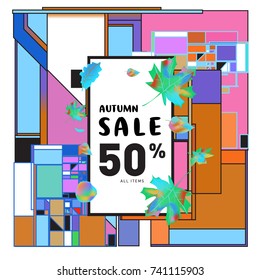 Autumn sale memphis style web banner. Fashion and travel discount poster. Vector holiday Abstract colorful illustration with special offer and promotion.