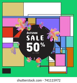 Autumn sale memphis style web banner. Fashion and travel discount poster. Vector holiday Abstract colorful illustration with special offer and promotion.