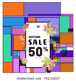 Autumn sale memphis style web banner. Fashion and travel discount poster. Vector holiday Abstract colorful illustration with special offer and promotion.