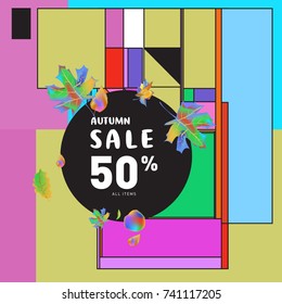 Autumn sale memphis style web banner. Fashion and travel discount poster. Vector holiday Abstract colorful illustration with special offer and promotion.