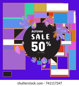 Autumn sale memphis style web banner. Fashion and travel discount poster. Vector holiday Abstract colorful illustration with special offer and promotion.