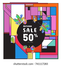 Autumn sale memphis style web banner. Fashion and travel discount poster. Vector holiday Abstract colorful illustration with special offer and promotion.