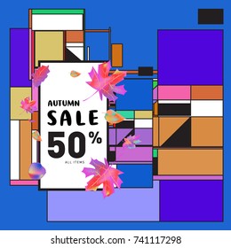 Autumn sale memphis style web banner. Fashion and travel discount poster. Vector holiday Abstract colorful illustration with special offer and promotion.