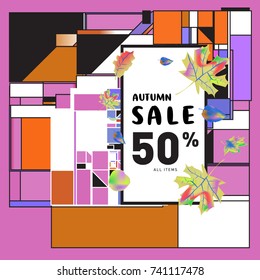 Autumn sale memphis style web banner. Fashion and travel discount poster. Vector holiday Abstract colorful illustration with special offer and promotion.