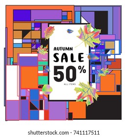 Autumn sale memphis style web banner. Fashion and travel discount poster. Vector holiday Abstract colorful illustration with special offer and promotion.