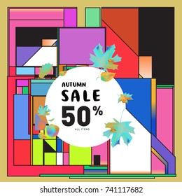 Autumn sale memphis style web banner. Fashion and travel discount poster. Vector holiday Abstract colorful illustration with special offer and promotion.