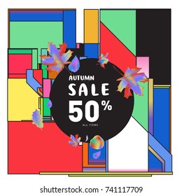 Autumn sale memphis style web banner. Fashion and travel discount poster. Vector holiday Abstract colorful illustration with special offer and promotion.