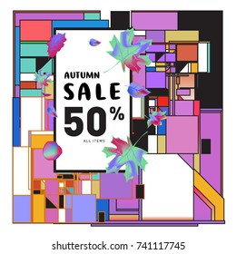 Autumn sale memphis style web banner. Fashion and travel discount poster. Vector holiday Abstract colorful illustration with special offer and promotion.