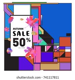Autumn sale memphis style web banner. Fashion and travel discount poster. Vector holiday Abstract colorful illustration with special offer and promotion.