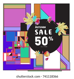 Autumn sale memphis style web banner. Fashion and travel discount poster. Vector holiday Abstract colorful illustration with special offer and promotion.