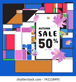 Autumn sale memphis style web banner. Fashion and travel discount poster. Vector holiday Abstract colorful illustration with special offer and promotion.