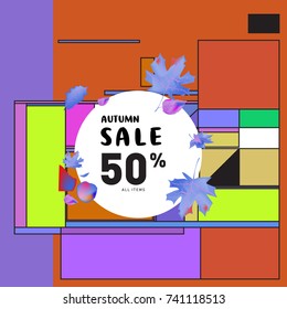 Autumn sale memphis style web banner. Fashion and travel discount poster. Vector holiday Abstract colorful illustration with special offer and promotion.