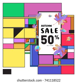 Autumn sale memphis style web banner. Fashion and travel discount poster. Vector holiday Abstract colorful illustration with special offer and promotion.