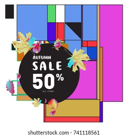 Autumn sale memphis style web banner. Fashion and travel discount poster. Vector holiday Abstract colorful illustration with special offer and promotion.