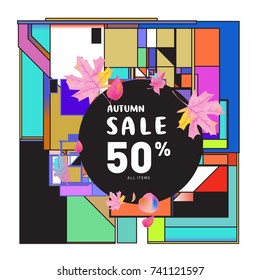 Autumn sale memphis style web banner. Fashion and travel discount poster. Vector holiday Abstract colorful illustration with special offer and promotion.