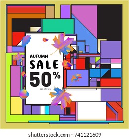 Autumn sale memphis style web banner. Fashion and travel discount poster. Vector holiday Abstract colorful illustration with special offer and promotion.