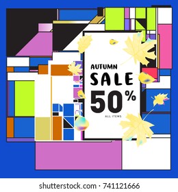 Autumn sale memphis style web banner. Fashion and travel discount poster. Vector holiday Abstract colorful illustration with special offer and promotion.