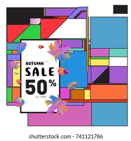 Autumn sale memphis style web banner. Fashion and travel discount poster. Vector holiday Abstract colorful illustration with special offer and promotion.